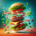Exploded Gourmet Burger: Flying Ingredients with Bacon Lettuce and Vibrant Toppings Royalty Free Stock Photo