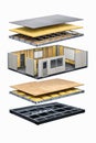 Exploded isometric view of a prefabricated office unit, modular classroom rapid deployment design Royalty Free Stock Photo