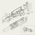 Exploded technical drawing of a mortise lock assembly. The illustration details Royalty Free Stock Photo