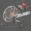 Exploded technical illustration of a bicycle drivetrain. Features the entire gear system, Royalty Free Stock Photo