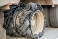 Destroyed blown tire with crushed and damaged rubber on a truck