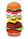 Exploded view American cheese burger or hamburger Royalty Free Stock Photo