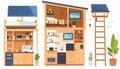 Exploded view of a compact, solar-powered, wooden tiny house sho Royalty Free Stock Photo