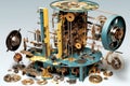 exploded view of complex clock mechanism parts