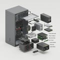 Exploded view of a computer server with individual components displayed separately. Royalty Free Stock Photo