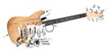Exploded view of electric guitar with all parts and components wooden body wood neck and electronics single coil pickguard pickup Royalty Free Stock Photo