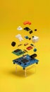 Exploded View of Electronic Circuit Board with Colorful Components, Microchips, and Hardware Parts Royalty Free Stock Photo
