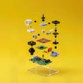 Exploded View of Electronic Circuit Board with Colorful Components, Microchips, and Hardware Parts Royalty Free Stock Photo