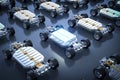 Exploded view of ev car or electric vehicle with battery pouch cells