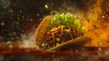 Exploded view of mexican taco with crispy shell, minced beef, cheese, and lettuce for culinary display Royalty Free Stock Photo