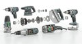 Deconstructed Cordless Power Tools Exploded View on White Background Showing Internal Mechanisms and Components for Royalty Free Stock Photo