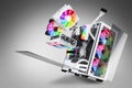 Exploded view of white gaming pc computer with glass windows and rainbow rgb LED lights. Flying hardware components abstract Royalty Free Stock Photo