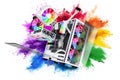 Exploded view of white gaming pc computer with glass windows and rainbow rgb LED lights. Flying hardware components in front of