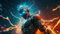 Exploding AI Metaverse Robot with Digital art style. Electric man superhero uses evil forces