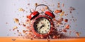 Exploding alarm clock on white background, concept of Time management, created with Generative AI technology Royalty Free Stock Photo