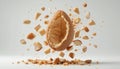 Exploding Almond Shows Inner Texture with Flying Pieces on White Background Royalty Free Stock Photo