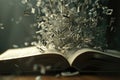 Exploding alphabet: dynamic letters burst from an opened book in dramatic lighting AI
