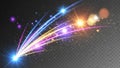 Exploding blue light comet trail with colorful streaks and golden star particles Royalty Free Stock Photo