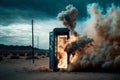 Exploding blue phonebooth in the middle of desert, Generative AI