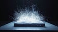 Exploding book with glowing data particles