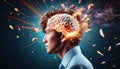 an exploding brain with fragments flying outward, symbolizing a burst of ideas or creativity
