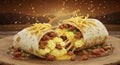 Exploding Breakfast Burrito with Cheese, Eggs, and Sausage on Ru Royalty Free Stock Photo