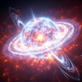 Exploding bright blue and orange star system emits intense energy streams with surrounding luminous rings. Royalty Free Stock Photo