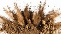 Exploding brown powder cloud with chunks isolated on white background Royalty Free Stock Photo