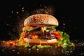 Exploding burger on a dark background created with generative AI technology