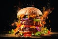 Exploding burger on a dark background created with generative AI technology