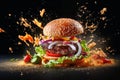 Exploding burger on a dark background created with generative AI technology