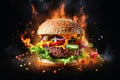 Exploding burger on a dark background created with generative AI technology