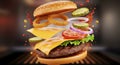 Exploding Burger with Flying Ingredients on a Grill Background Royalty Free Stock Photo
