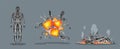 Exploding and burning cyborg clipart. Humanoid robot mechanical body parts self destructs with bright red flash.