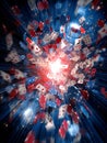 Exploding from a central bright light, playing cards and poker chips scatter Royalty Free Stock Photo