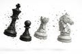 Exploding chess pieces illustration depicting dynamic movement and fragmentation isolated on white background. concept of strategy Royalty Free Stock Photo
