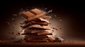 Exploding Chocolate Bar Stack With Flying Chunks And Crumbs Royalty Free Stock Photo