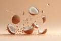 Exploding Coconut Pieces in Mid Air Against Beige Background Royalty Free Stock Photo