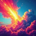 Exploding colorful cloudscape, dynamic lines, pop art aesthetic, energy, sky, vibrant