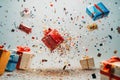 Exploding colorful gift boxes and confetti, celebrating a joyful occasion Royalty Free Stock Photo