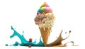 Exploding Colorful Splash Ice Cream With Waffle - Generative AI