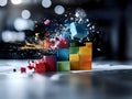 Exploding colorful toy blocks in dynamic motion on reflective surface symbolizing creativity problem solving and innovation under