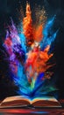 Exploding colors from an open book, vibrant abstract painting. Creativity and imagination concept
