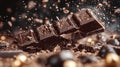 Exploding dark chocolate bar with cocoa powder and nuts
