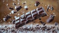 Exploding dark chocolate bar with flying chunks and cocoa powder