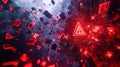 Exploding data streams filled with red warning icons in digital abstract space