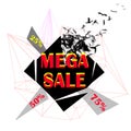 Exploding diamond with text Mega Sale. Up to 25,50,75 off. Vector illustration