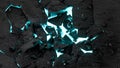 exploding fracturing rough ground with glowing blue lights with stone splitter on dark asphalt - 3d render of destruction of floor