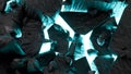 exploding fracturing rough ground with glowing blue lights with stone splitter on dark asphalt - 3d render of destruction of floor