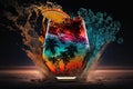 exploding glass with liquid colored tropical cocktail